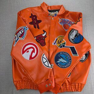 New Jeff Hamilton NBA Logo Collage Vegan Orange Leather Jacket New Men’s Large